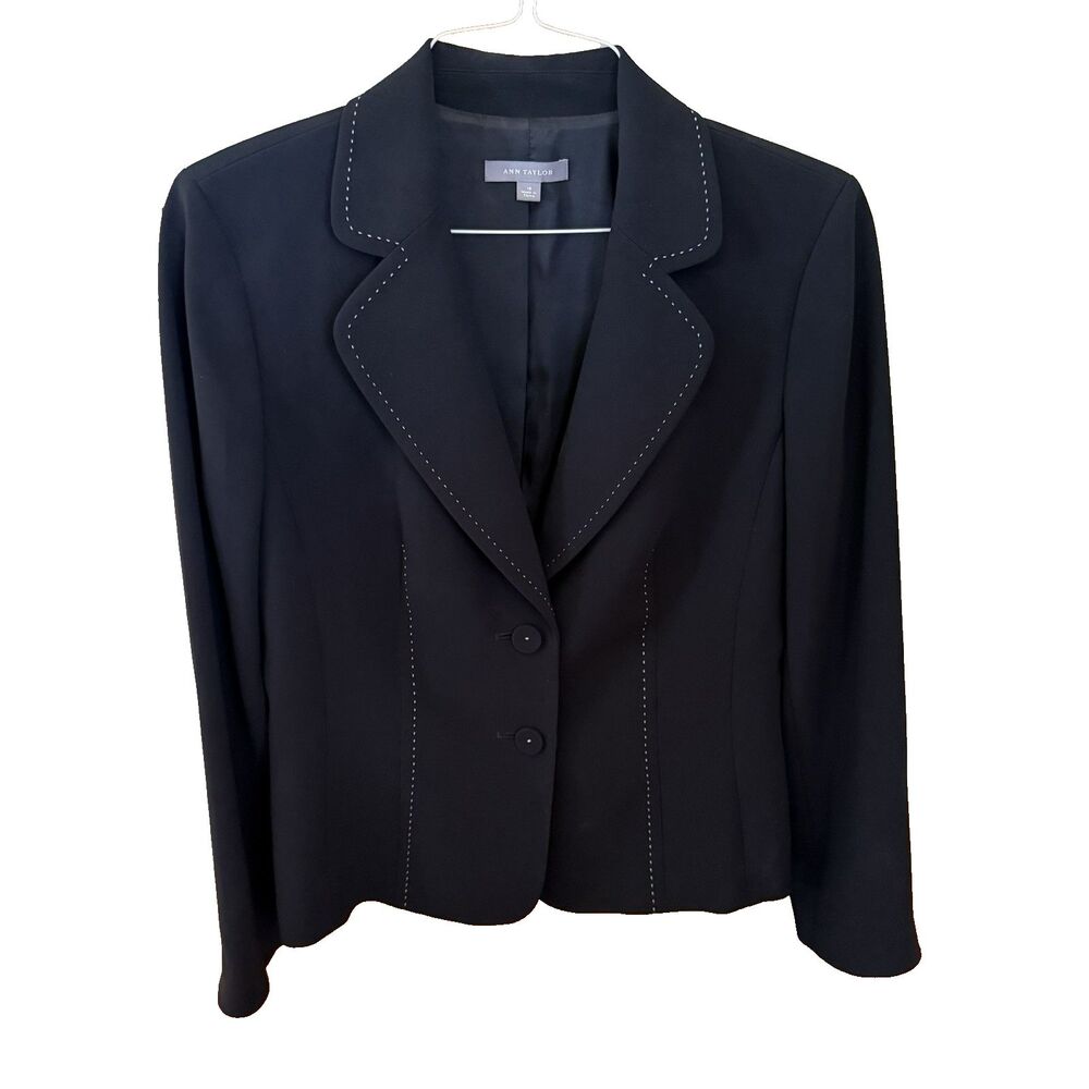 Ann Taylor Sz 10 Black Suit Blazer Jacket White Top Stitch 2 Button Lined Office